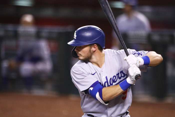 Sep 8, 2020; Phoenix, Arizona, USA; Los Angeles Dodgers second baseman Gavin Lux against the Arizona Diamondbacks at Chase Field. Mandatory Credit: Mark J. Rebilas-USA TODAY Sports